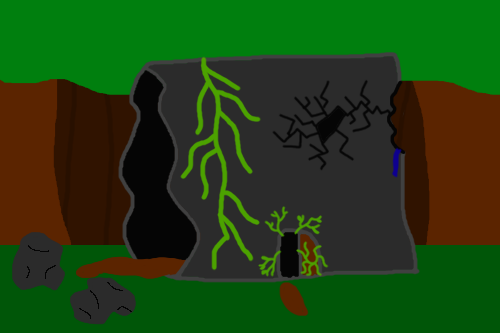 Image displays a broken stone building situated in a forest. The left side of the building is a big hole, and vines and holes cover the front of the building.