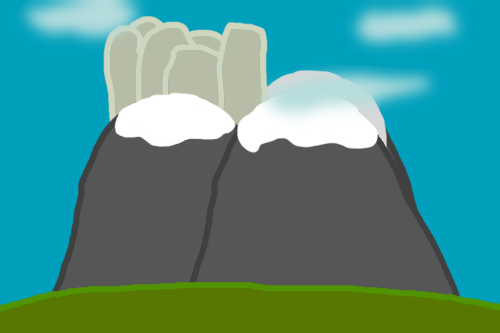 A trio of mountains against a cloudy blue sky, with a grass field in front of it. A small city is set atop the mountains.